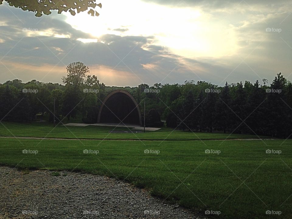 Sunset over the amphitheater . Park amphitheater at sunset