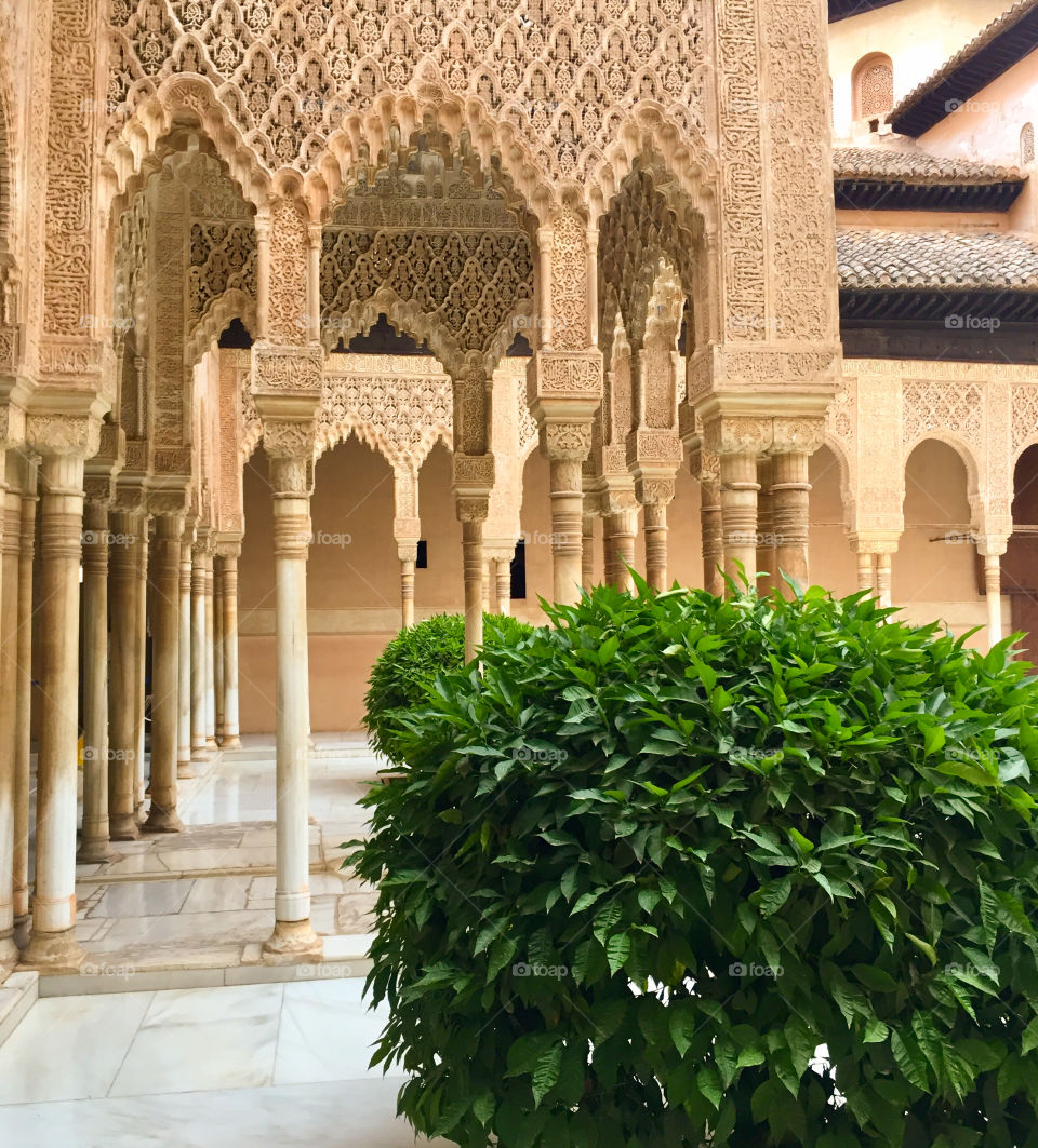 Inside the Alhambra with ornate feature carving and stunning moorish mosaic tiles