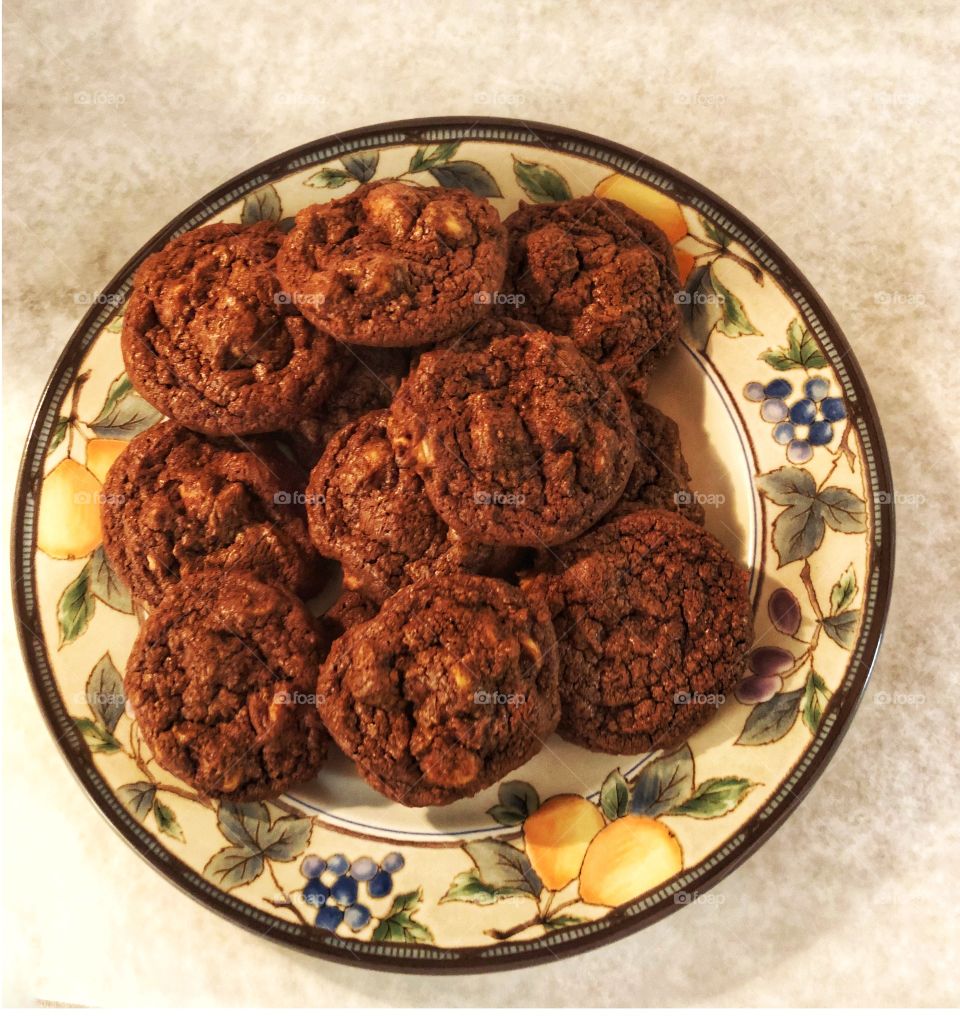 Plate of homemade chocolate peanut butter chip cookies 