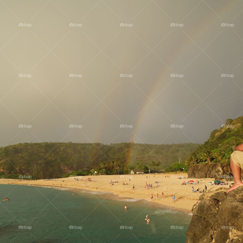 Waimea beach double rainbows Hawaii