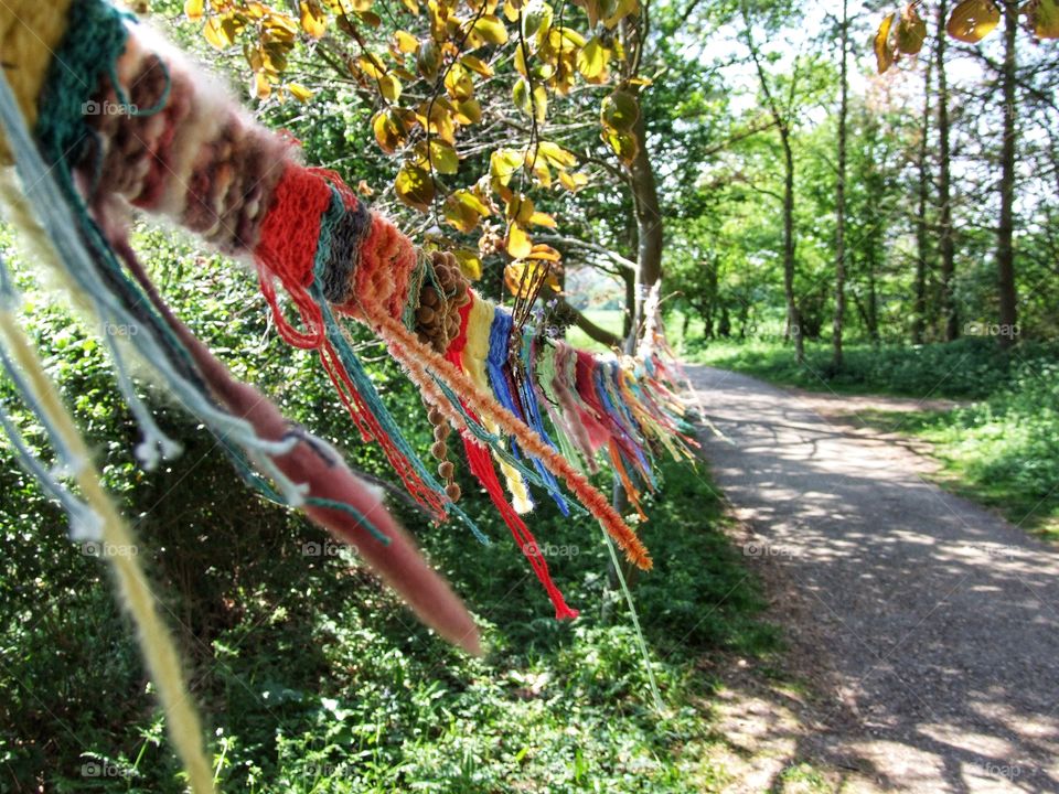 Path in a forest with artistic pieces of cloth blowing in the wind.