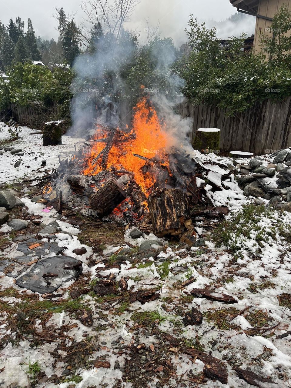 Bonfire on a snowy day