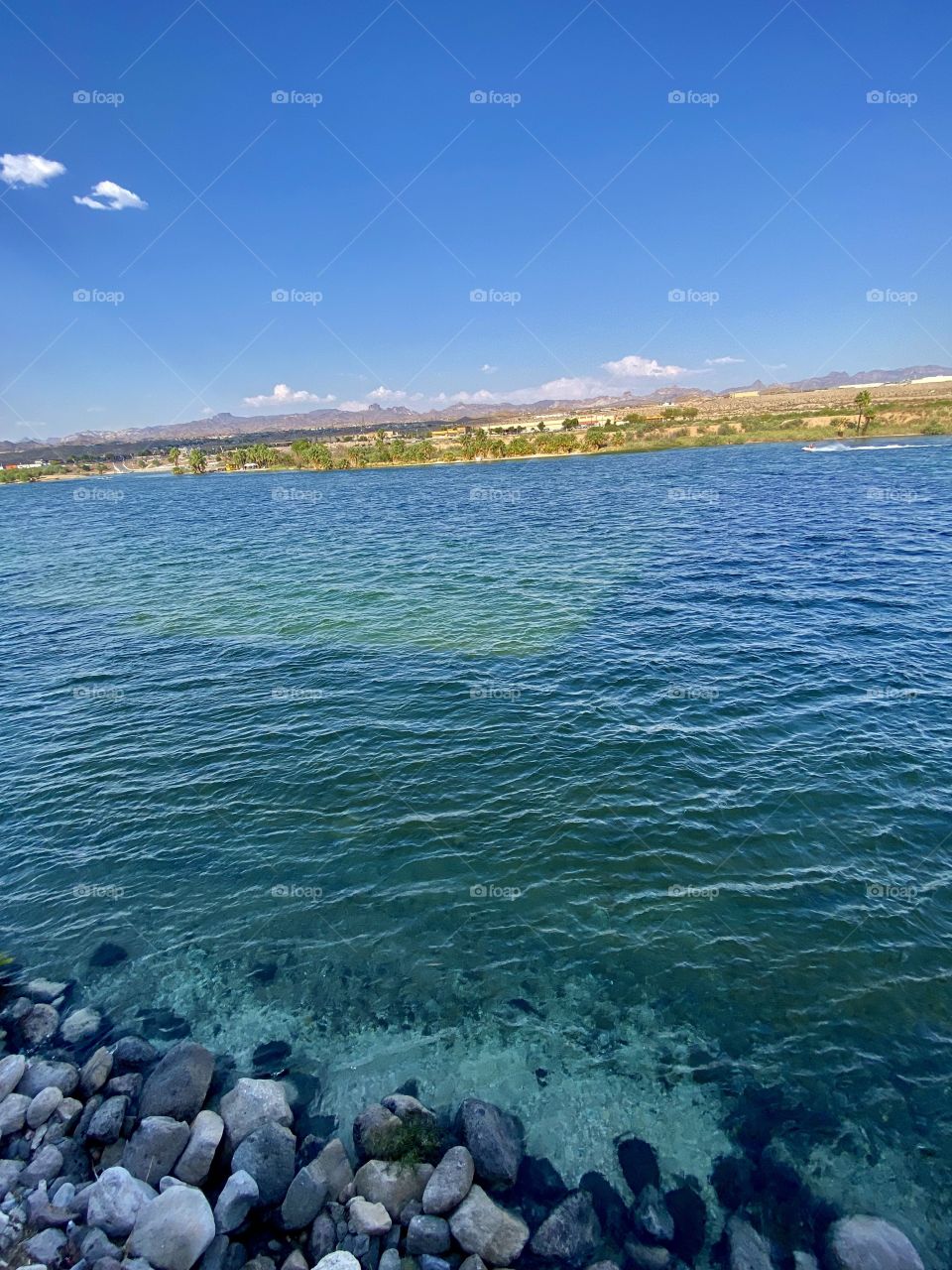 View of the Colorado River from the Laughlin Boardwalk in Laughlin Nevada 