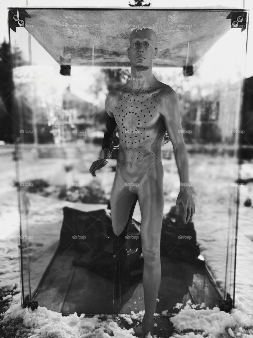 portrait of a mannequin in a glass cube, abstraction