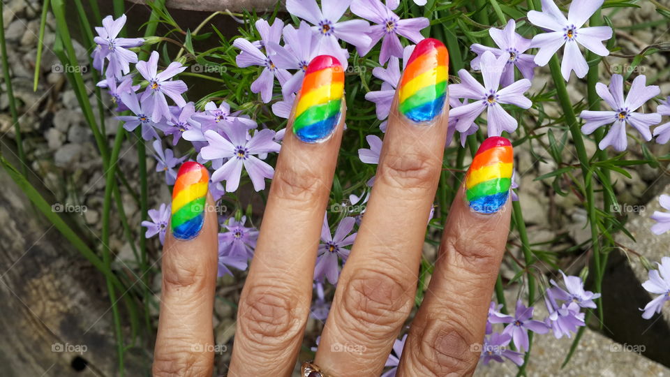 Rainbow nails in the garden.