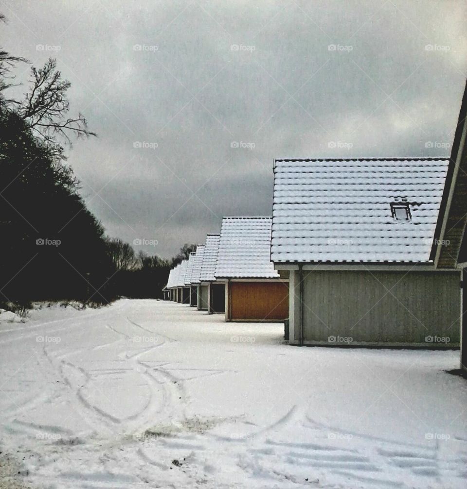 Beautiful snow-covered houses in Denmark