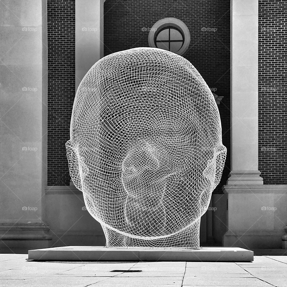 The entrance to the Meadows Museum on the campus of SMU in Dallas Texas a giant mesh art piece sculpture of a woman's head named "Sho" created by Jaume Plensa in black and white