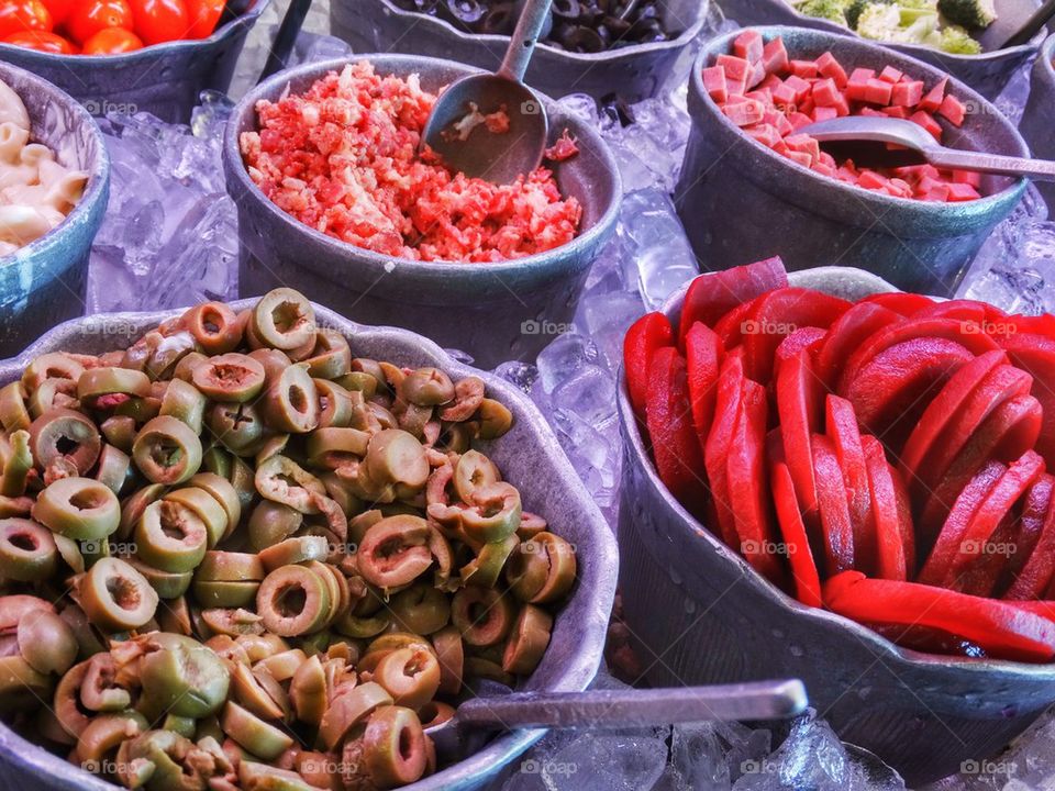 American Salad Bar Fixins. Condiments At A Salad Bar