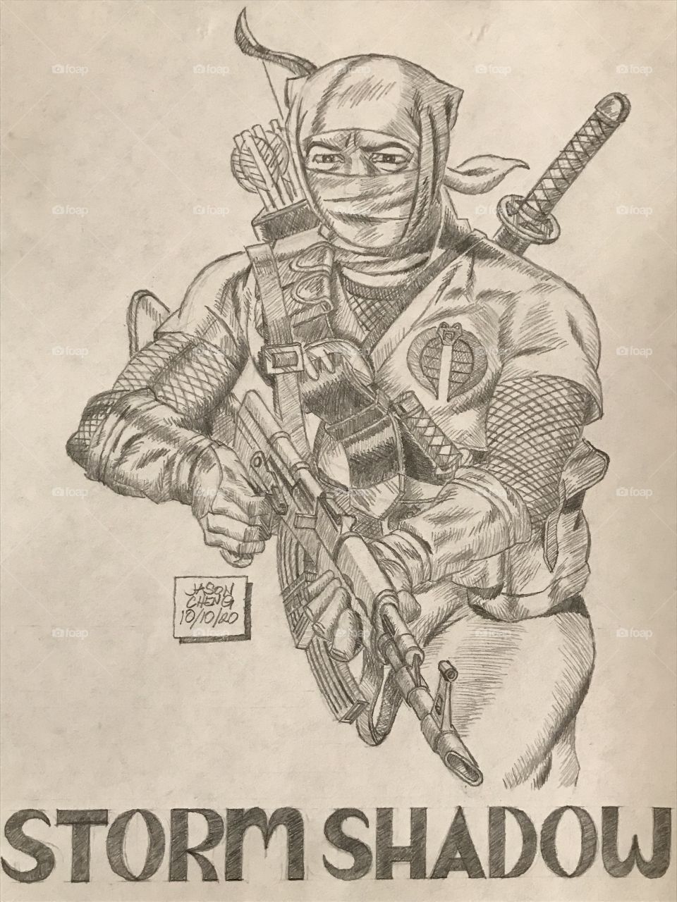 A pencil illustration of Storm Shadow from GI JOE: A REAL AMERICAN HERO. This is a comic-style art showing a considerable amount of crosshatching for the shadows and shadings. The qualities of the artwork make it a fun, presentable piece to look at.