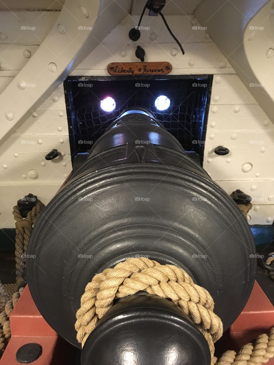 A cannon aboard the historic USS Constitution at Charlestown Naval Base in Charlestown, Massachusetts.