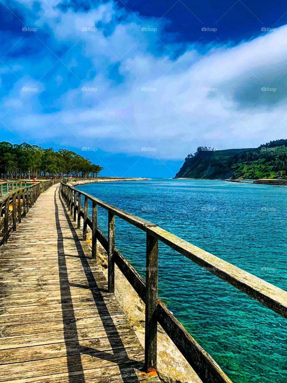 Portrait of a wooden bridge stretching along the edge of calm blue water, with bright blue sky and white clouds above