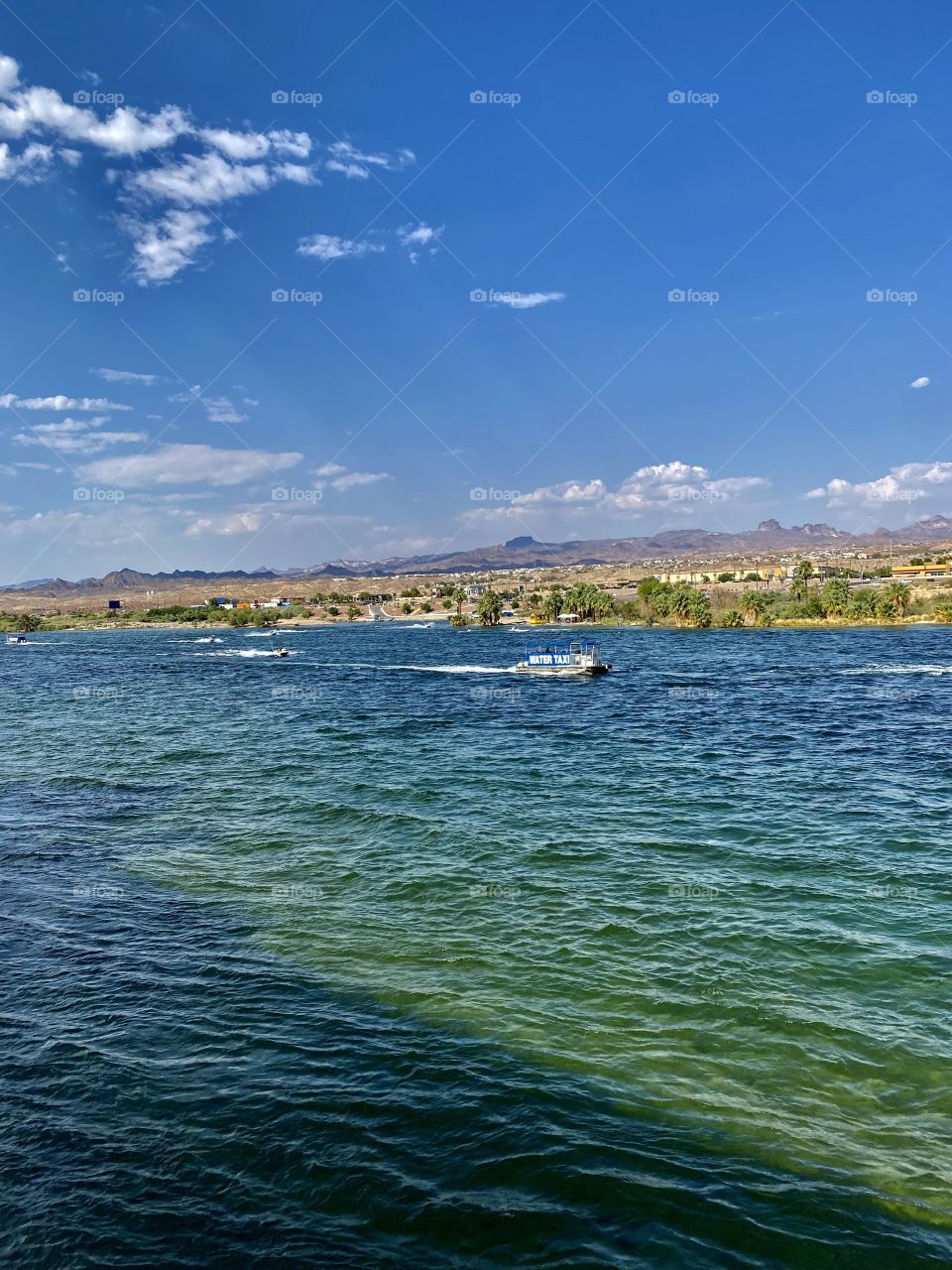 View of the Colorado River from the Laughlin Boardwalk in Laughlin Nevada 