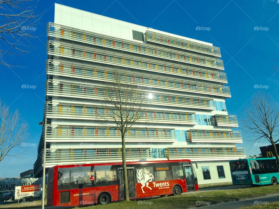 Building in Enschede with the bus transporter Twents. 