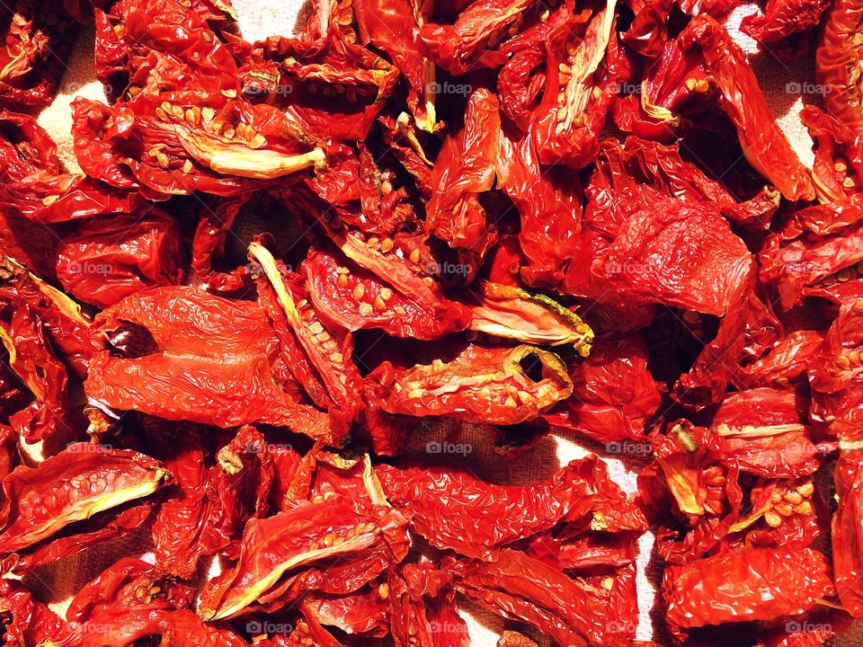 Red color story. Fried tomatoes. 