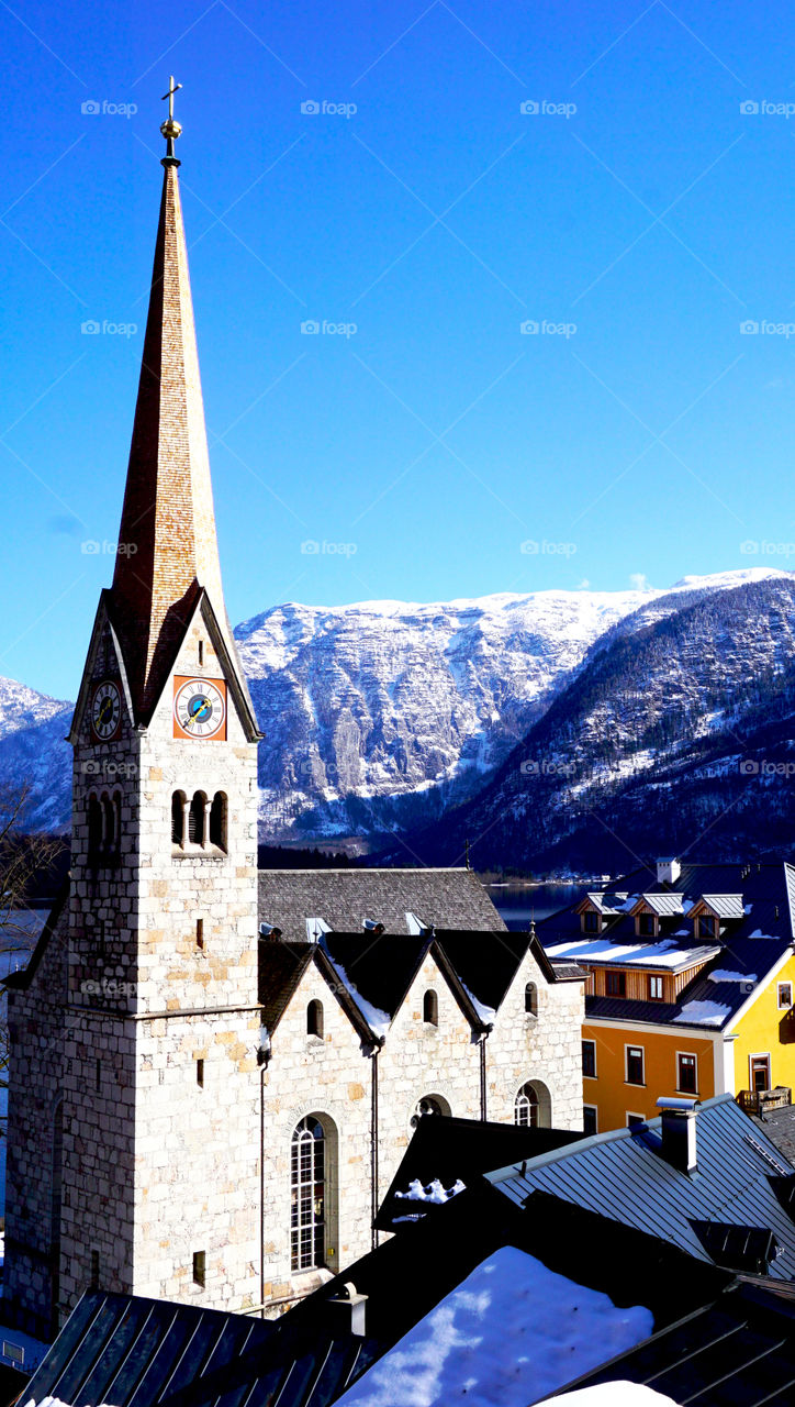 Viewpoints of Hallstatt old town city and lake, Austria 