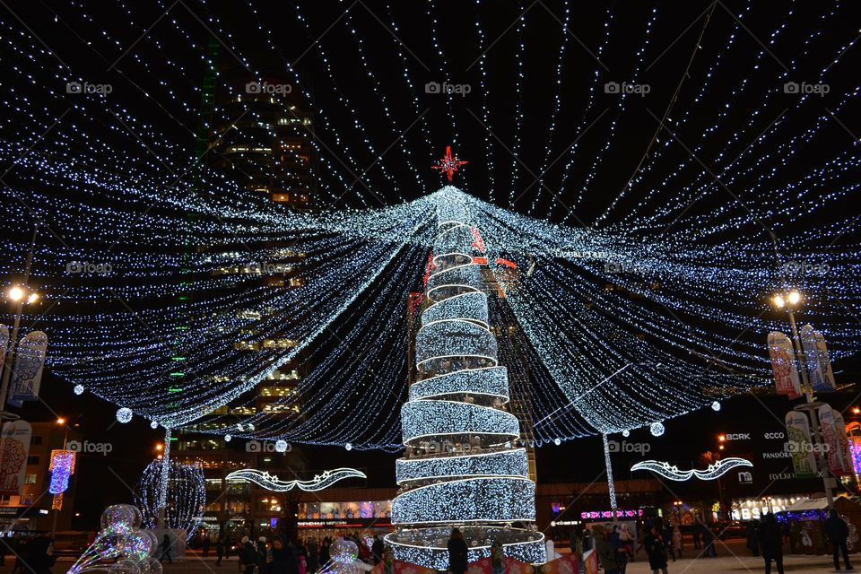 beautiful night windows light street view Christmas time, Christmas tree