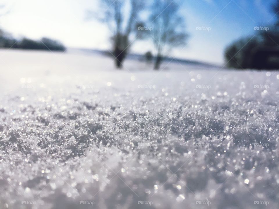 Closeup of snow texture in sunlight, blurred rural background 