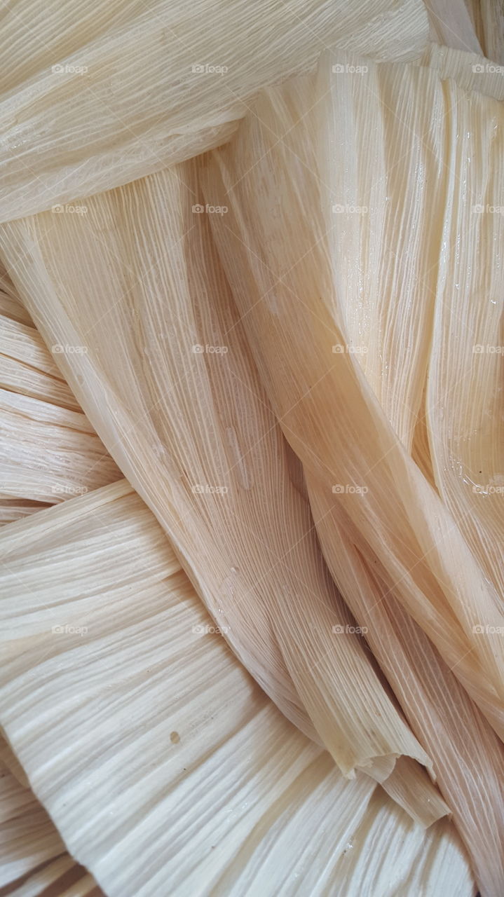 highlight of our holidays. a close up view of corn husks soaking in hotwater to later become tamales