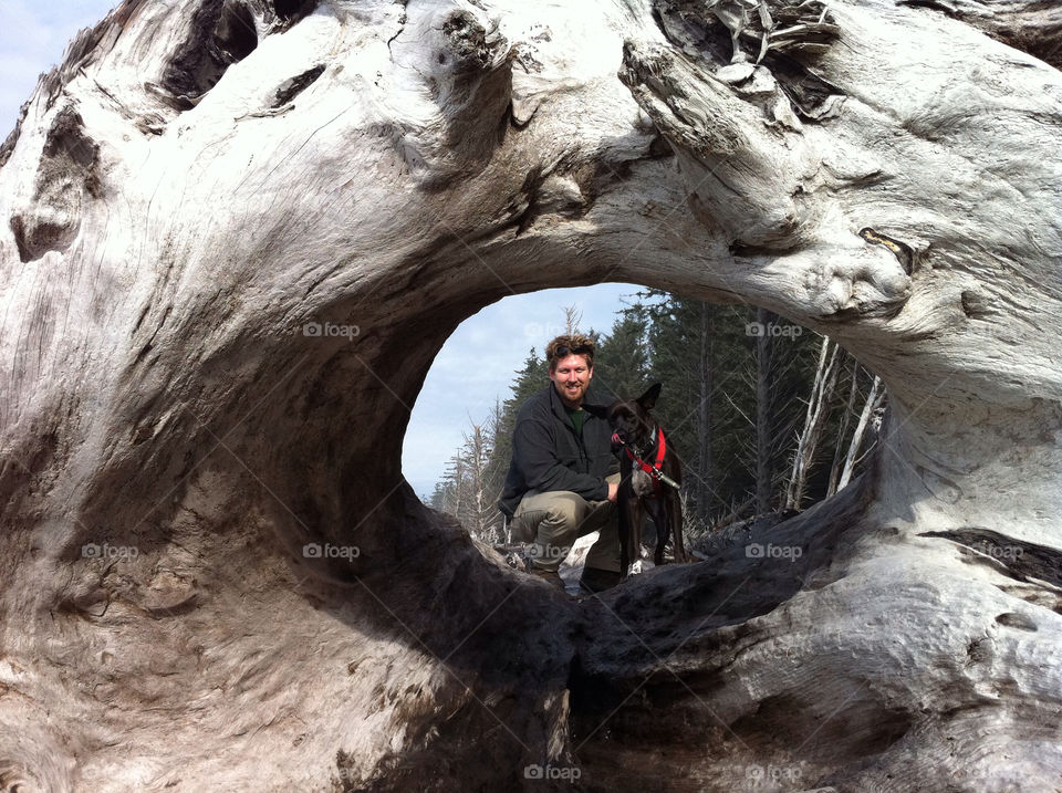 happy man and dog mission7 beach logs by sara