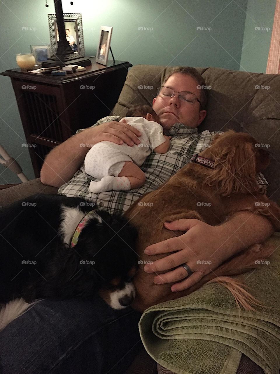 An exhausted dad with his baby daughter & dogs