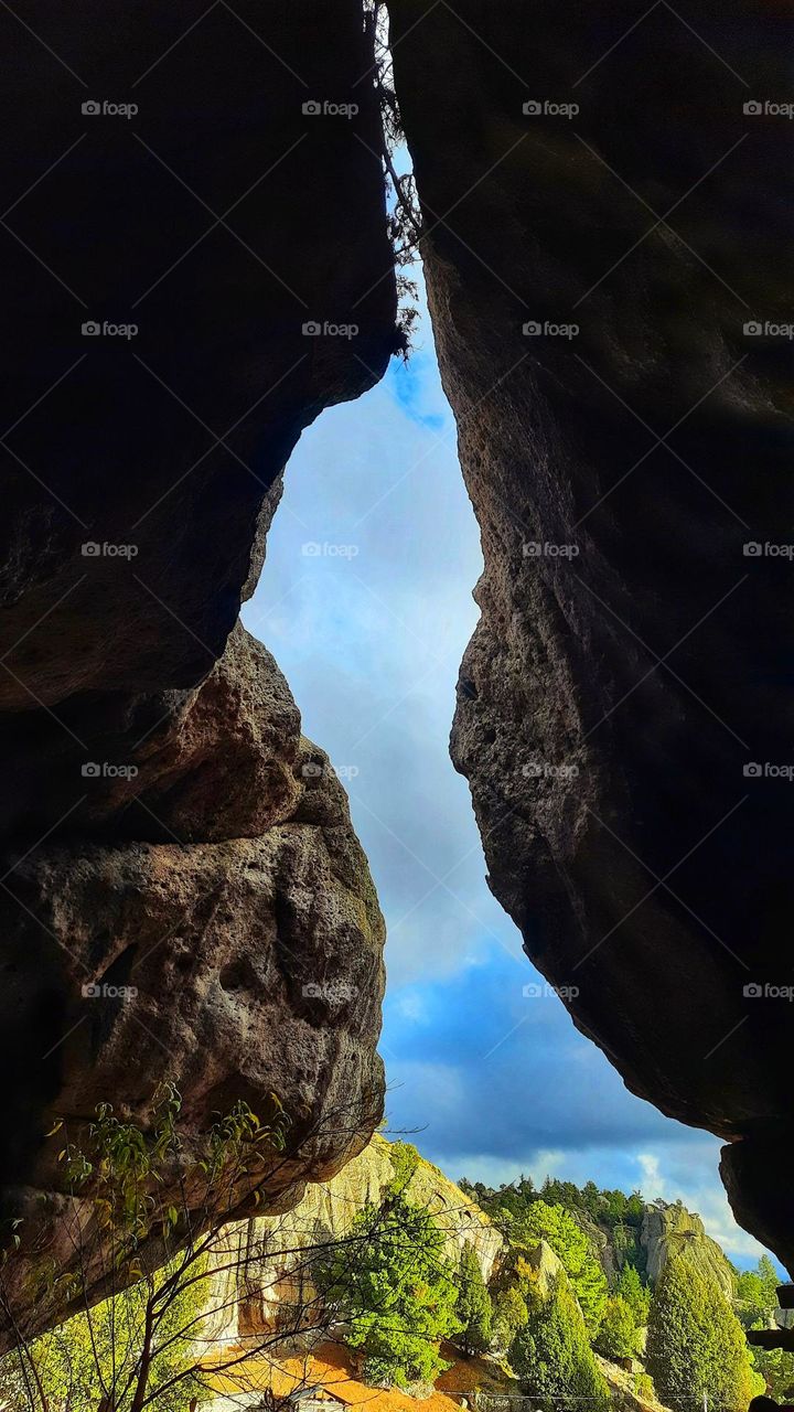 cave,nature,landscape, sky, clouds, trees, rocks,stones, colorful, Brown, green, Chihuahua