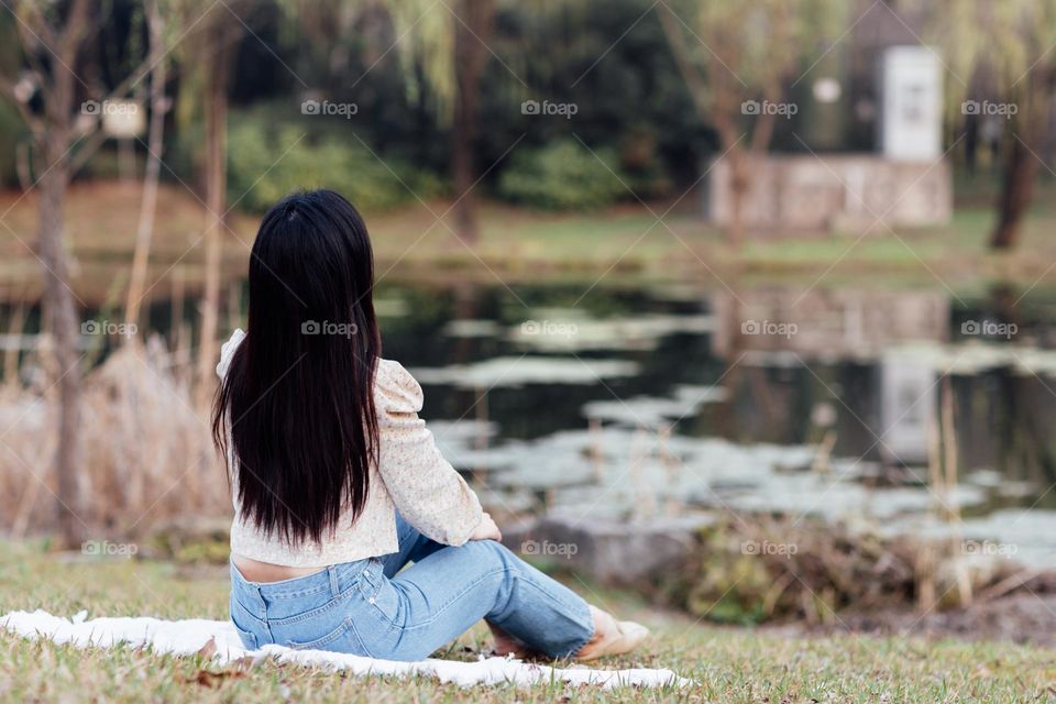 Woman with long brunette hair