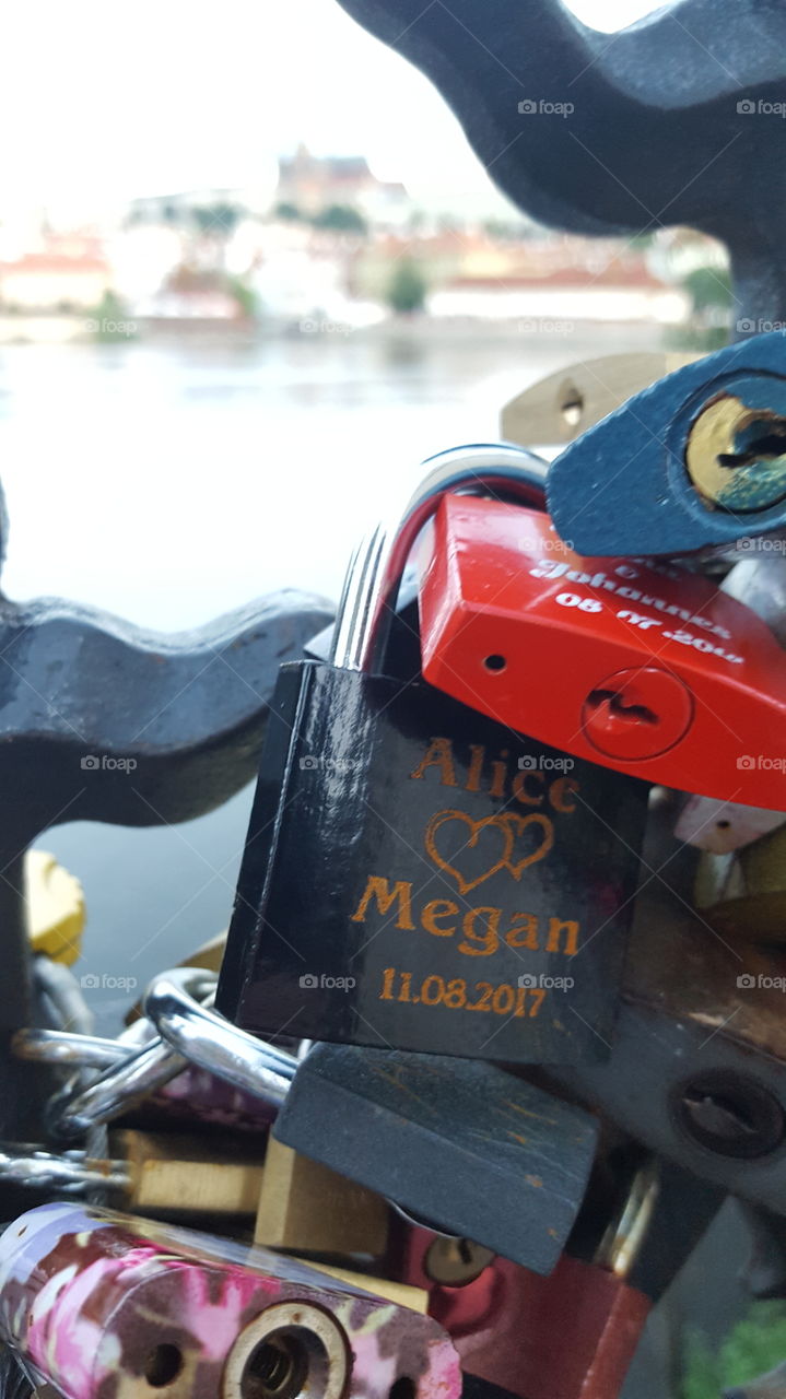 Wedding Date Locks on Bridge in Prague