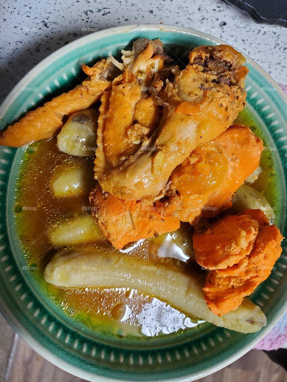 puertorican cuisine, green bananas with chicken in broth