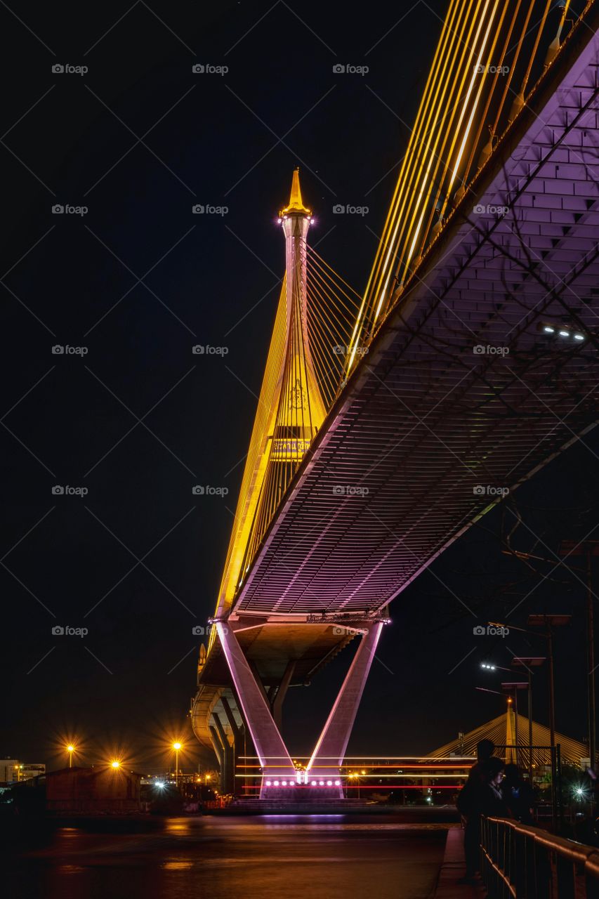 Thailand-July 27 2020:Beautiful light on the Bhumibol landmark Bridge in Bangkok