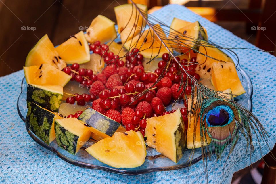 fruit mix, summer fruit: watermelon, raspberries, red currants