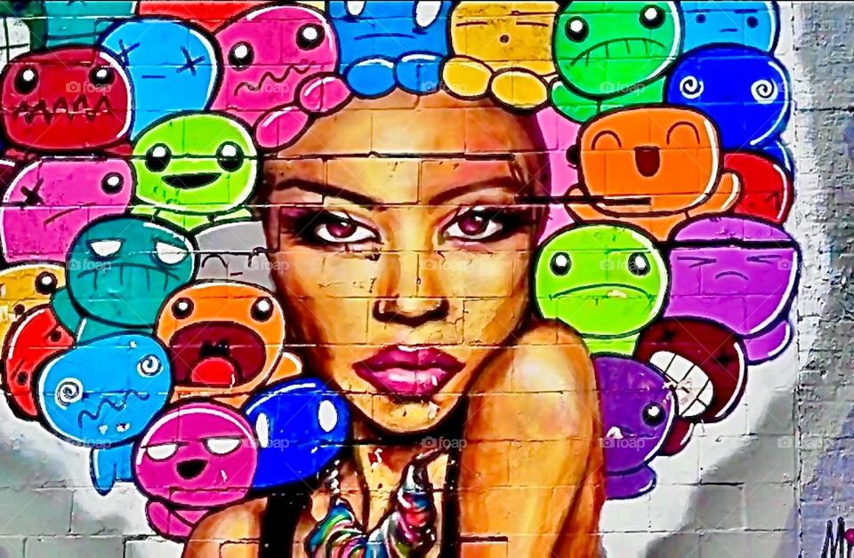 A pop art inspired graffiti art mural reminiscent of the glorious 1970s which has a special meaning to me for this was the time I grew from a child into a young adult. Found somewhere in LIC, Queens on Borden Ave. 2022. Hypnotic Productions