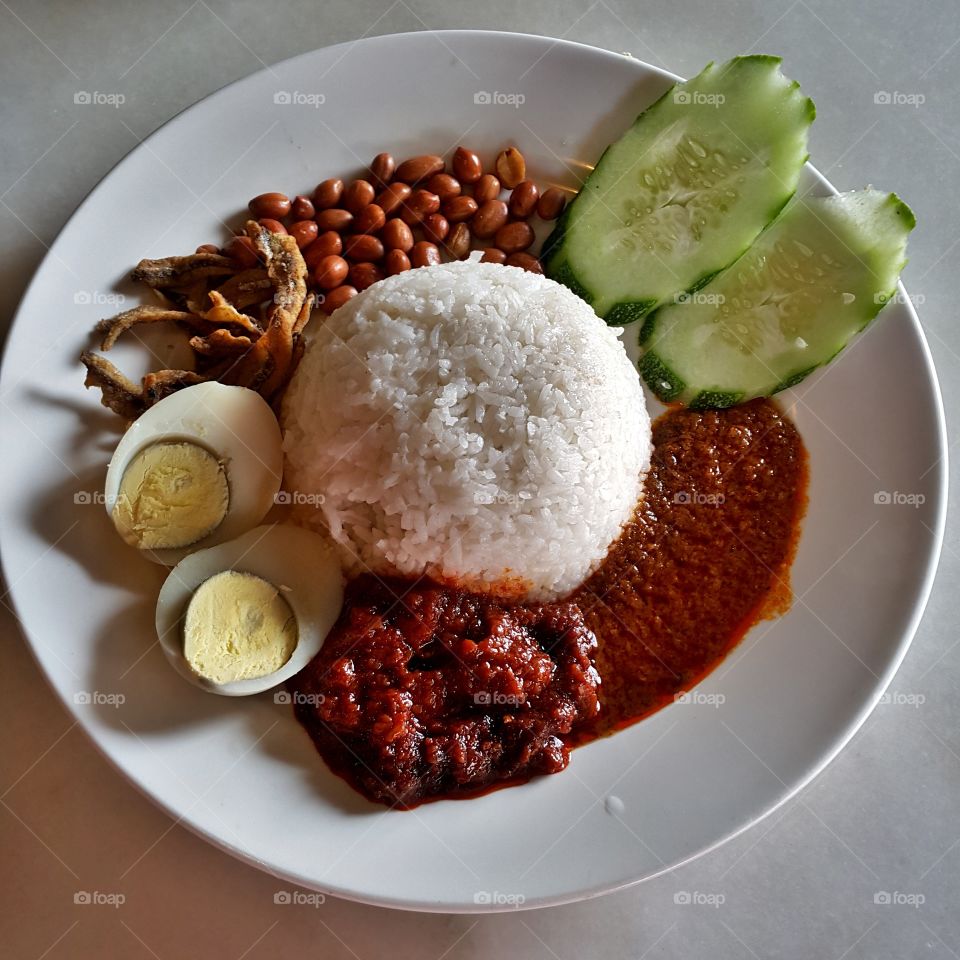 High angle view of nasi lemak