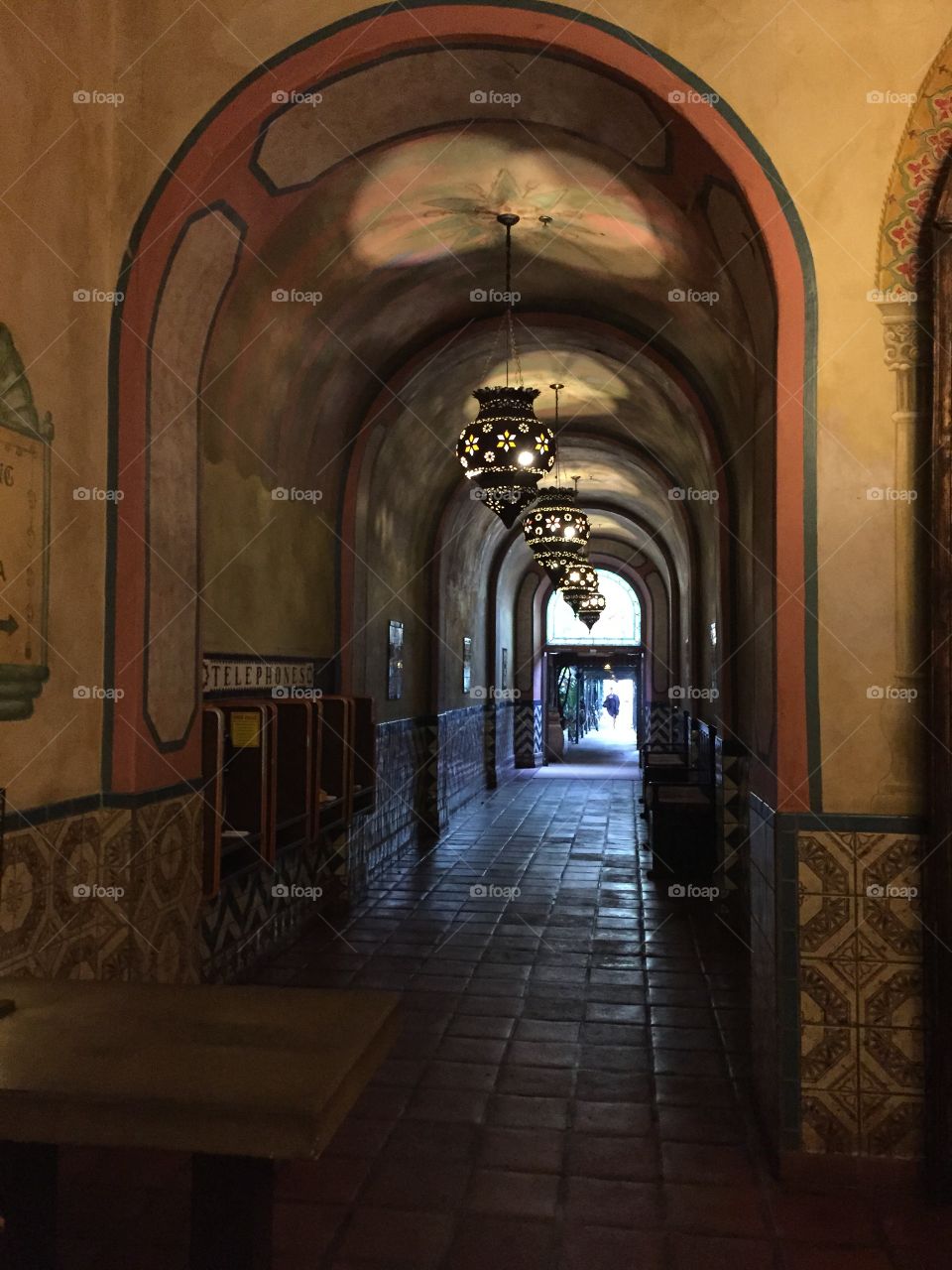 Long hotel hallway 