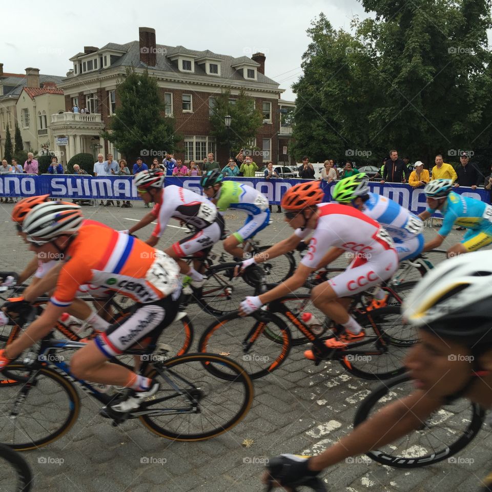 UCI Bike Race Competitors. Picture taken on the median of Monument Ave in a sea pf spectators.