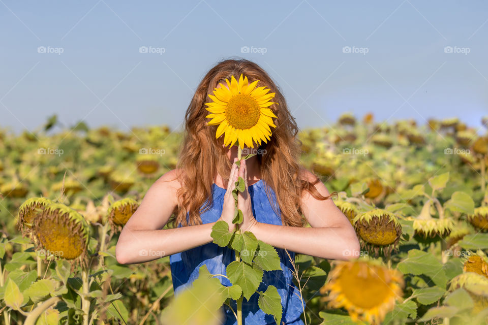 Young woman in blue dress in sunflower field doing namaste pose
