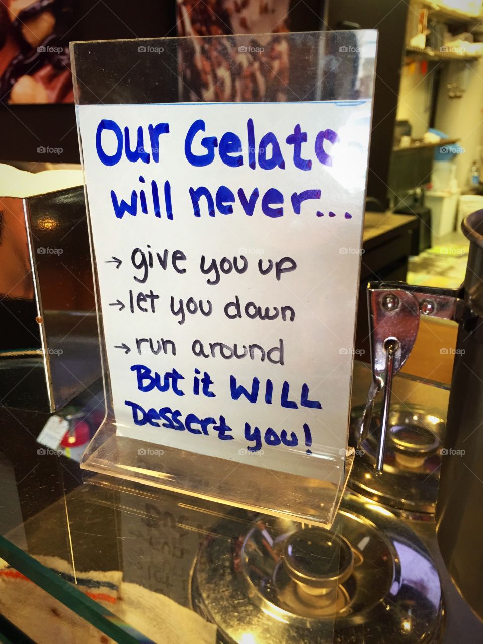 Hilarious and clever sign in Gelateria about ice cream and gelato 