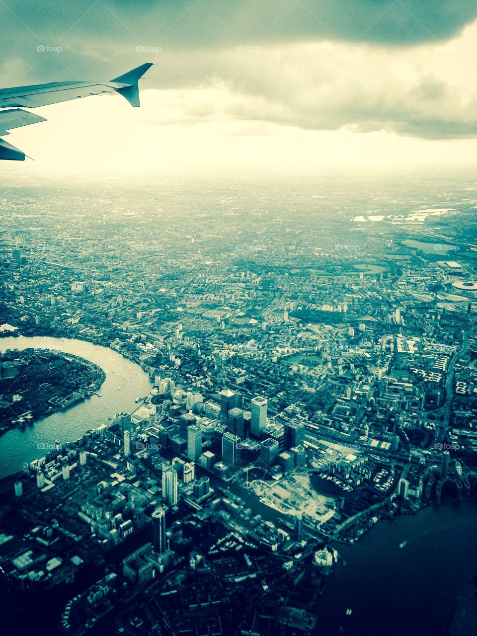 Flying over Canary Wharf in London. 
