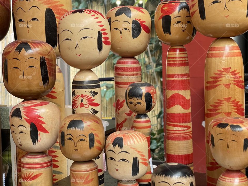 Wooden hand made typical traditional Japanese dolls, old kokeshi dolls 