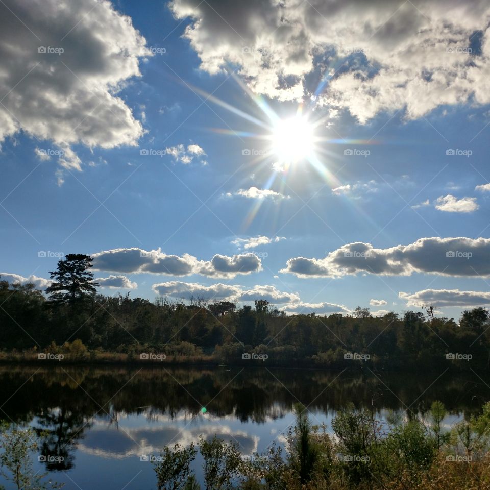 Sunshine, water, reflection, clouds