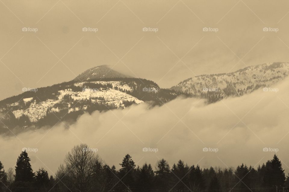 A misty, foggy, shot of the snow-covered Pacific Northwest mountains  in the waning winter daylight. Clouds are forming in the lower mountains as the temperatures fall with the setting sun. 