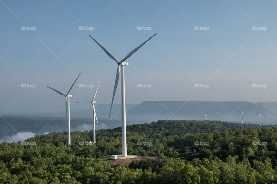 Wind turbines on Khao Yai Thiang Mountain Lam Takhong Dam