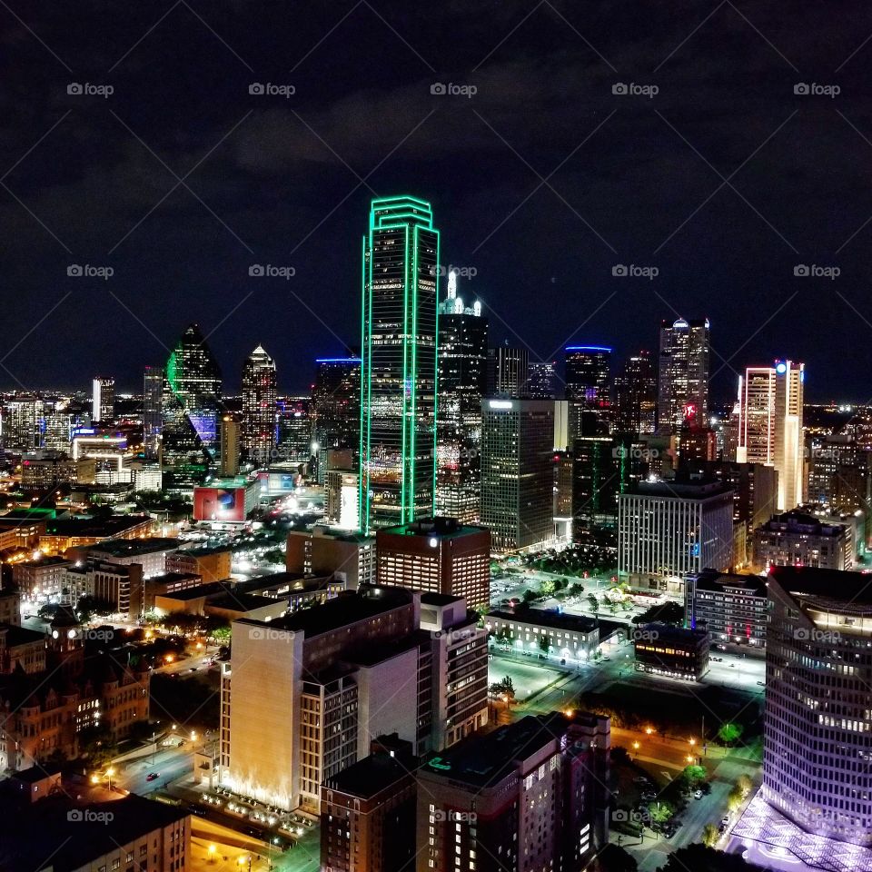 Colorful Skyline of Dallas Texas lit up at night as seen from Reunion Tower