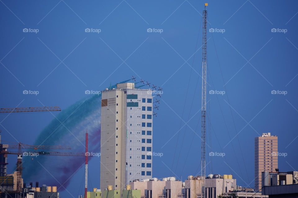 Kuwait libration  day  air force fire work mirgab  city long building behaind sky fire work