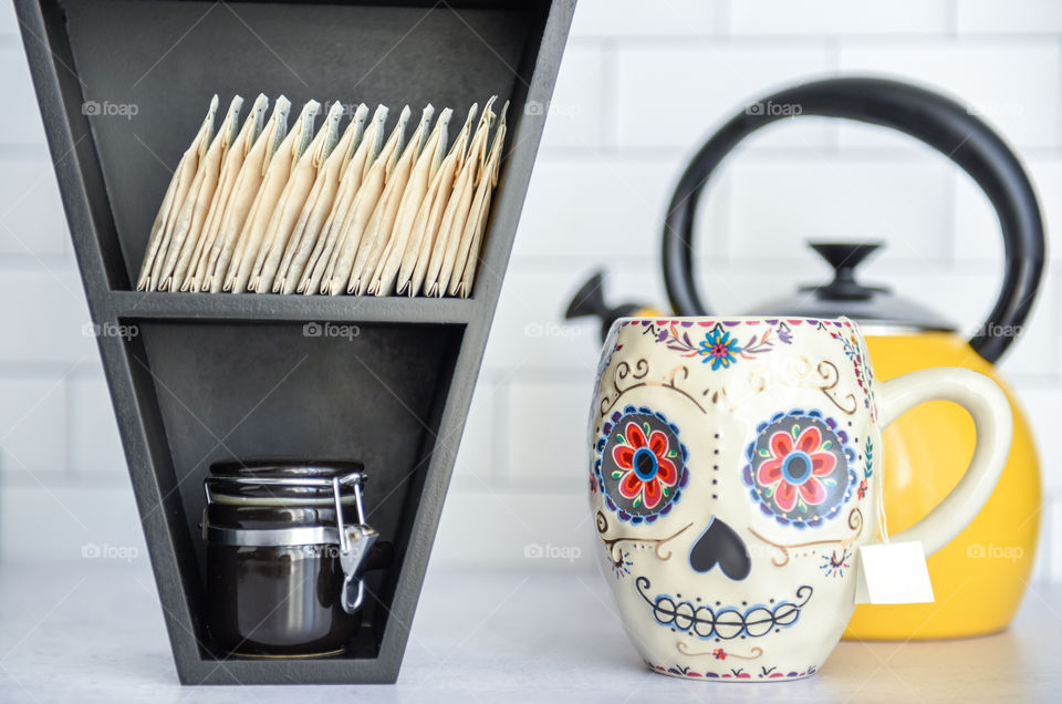 Skull coffee mug on a kitchen counter