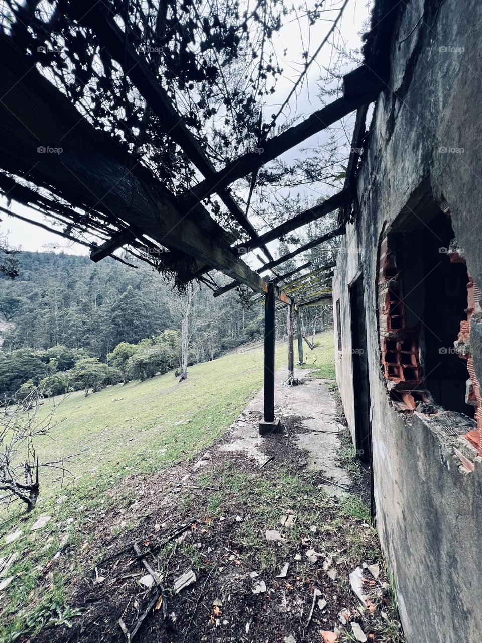 Pasillo de una casa en ruinas 