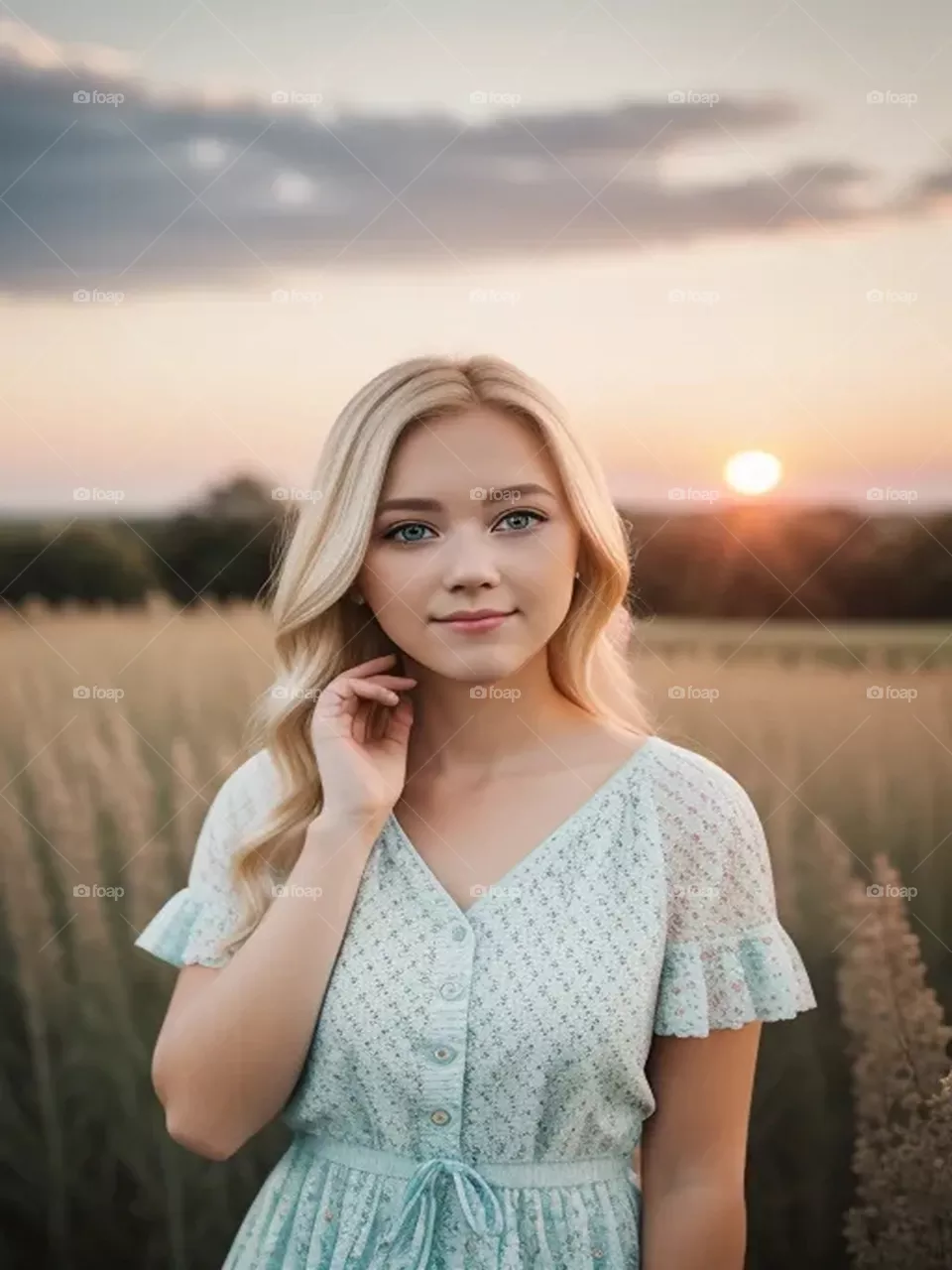 Beautiful blonde girl with sunset view