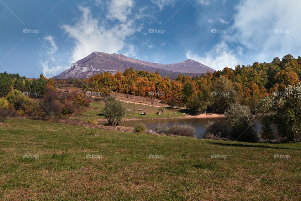 Mountain above colorful woods