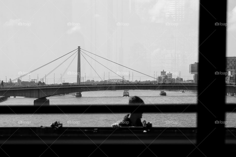 View from the train window while traveling over the river Rhine