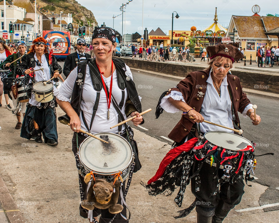 Drummers in procession at Hastings Pirate Day