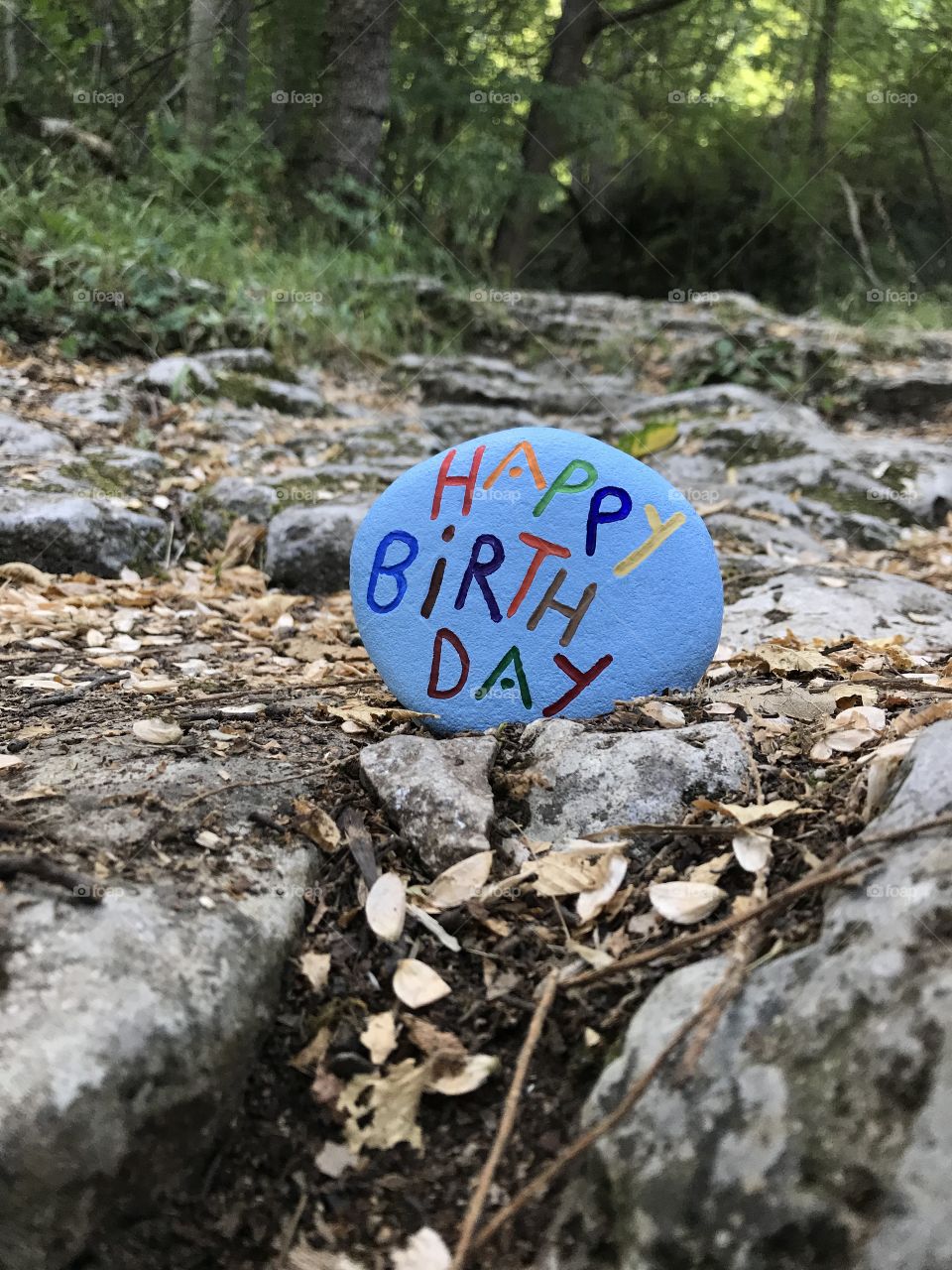 Happy Birthday stone on a mountain way